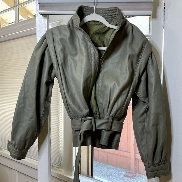 Vintage Munper Green Khaki Oversized Belted Leather Jacket Size 42 - Picture 1 of 7
